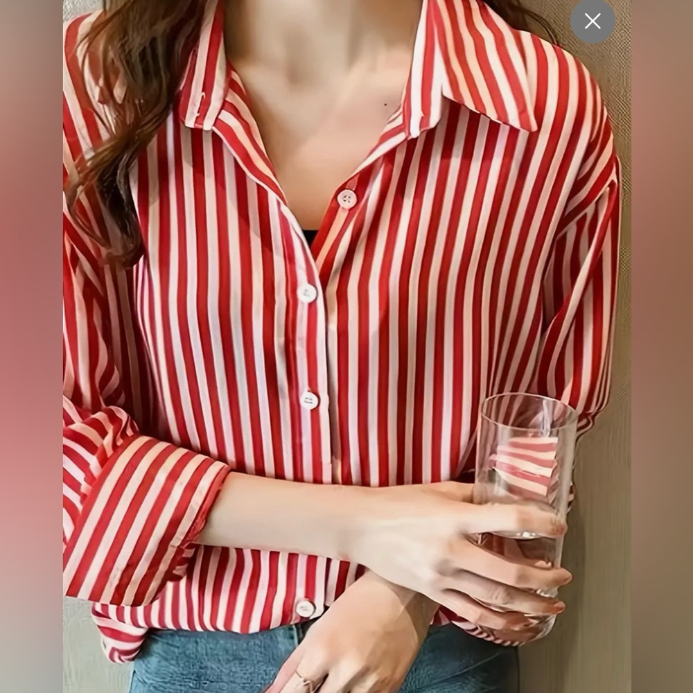 Stripe Print Lapel Collar Long Sleeve Blouse. New!